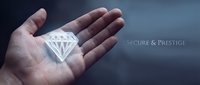 Man's hand holding glowing diamond gem on dark background, representing wealth, luxury, investment, and prestige for business concepts.