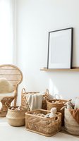 Minimalist nursery corner with wicker peacock chair and natural woven storage baskets on white background for home decor and organization.