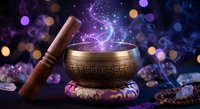 Tibetan singing bowl with wooden mallet releasing magical purple energy swirls against bokeh lights background for meditation and spiritual healing practices.
