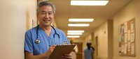 Senior Asian male doctor in blue scrubs holding tablet in hospital corridor with stethoscope around neck smiling confidently at camera in medical facility.
