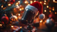 Vintage microphone with Santa hat against blurred Christmas lights and decorations, creating festive holiday atmosphere for music performance.