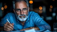 Mature Caucasian businessman with gray beard and glasses smiling confidently in modern office environment with warm bokeh lighting background.