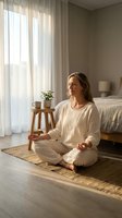 Peaceful middle-aged Caucasian woman meditating in lotus position on jute rug in modern bedroom with natural light streaming through white curtains.