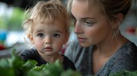Young Caucasian mother and toddler boy with blonde hair looking at plants together in garden setting, intimate family moment captured in soft natural light.