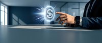 Businessman hand pointing at glowing dollar sign hologram in modern office environment representing financial technology and digital banking solutions.