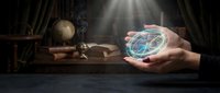 Hand holding glowing holographic compass in mystical dark room with ancient books and magical light rays streaming from above creating enchanted atmosphere.