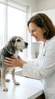 Female veterinarian examining beagle dog during checkup at modern animal clinic. Professional pet healthcare and medical treatment concept.