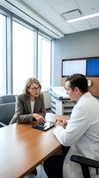 Professional businesswoman consulting with male doctor in modern medical office discussing healthcare solutions and patient care strategies.
