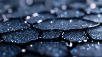 Water droplets on dark hexagonal surface create dramatic macro texture with blue tones and bokeh effect, highlighting nature's geometric patterns.
