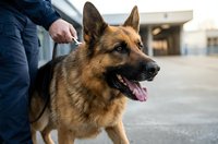 German shepherd dog with handler in urban setting, professional training or security work concept for law enforcement and protection services.