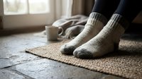Person wearing cozy gray wool socks sitting on woven jute rug indoors near window with warm beverage and blanket for comfort and relaxation.