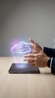 Businessman hands protecting holographic cloud computing technology above digital tablet on wooden desk for data storage and connectivity solutions.
