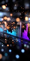 Colorful audio spectrum visualization with glowing equalizer bars and bokeh light effects on dark background, creating futuristic music technology atmosphere.