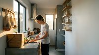Man working at wooden workbench in bright home workshop studio, crafting handmade wooden items with tools, surrounded by organized storage and natural light from windows.