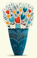 Cheerful cartoon cats in decorative blue vase with blooming hearts and floral elements in turquoise, red and orange colors on light background. Whimsical art style.