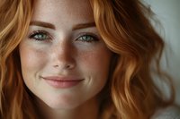 Close up portrait of young redhead woman with freckles and green eyes smiling naturally. Soft natural lighting highlights facial features and warm ginger hair.