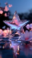 Crystal star shape with water drops reflecting pink and blue light, surrounded by soft cherry blossoms. Magical evening atmosphere with reflections on wet surface.