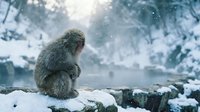 Snow monkey sitting on snowy rock in winter forest with falling snowflakes creating peaceful wildlife scene for nature and animal themed projects.