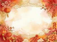 Lunar new year celebration frame with red lanterns, peonies, and ornamental gold scrollwork on warm watercolor background, suitable for greeting cards and festive designs.