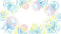 Watercolor protea flowers frame in soft pastel blue, pink and yellow tones with leaves on white background, copy space for text.