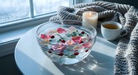 Cozy spa relaxation scene with floating rose petals in glass bowl, candle and tea cup on white table by window for wellness and self-care moments.
