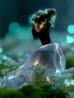 Ethereal silhouette of African American woman in white dress surrounded by glowing lights and delicate wildflowers against dark background with bokeh effects.