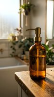 Amber glass soap dispenser with brass pump on wooden counter in bright bathroom with plants and natural light creating warm atmosphere.