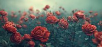 Dreamy garden of blooming red roses against teal background, creating romantic atmosphere for greeting cards, wedding invitations, and floral designs.