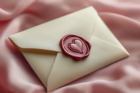 Romantic cream envelope sealed with red wax heart stamp on soft pink silk background, symbolizing love message and vintage correspondence style.