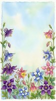 Watercolor columbine flowers border in purple, pink, blue and white with soft sky background and copy space for greeting cards.