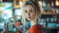Young Caucasian woman with blonde tousled hair and natural makeup smiling at camera in cafe setting. Wearing orange sweater against blurred restaurant background.