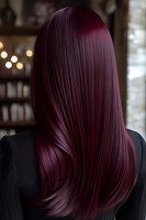 Back view of straight burgundy hair with smooth texture and glossy finish, styled on woman wearing black. Professional hair coloring and styling concept.