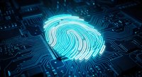 Digital fingerprint glowing on circuit board representing biometric security technology and identity verification systems for cybersecurity applications.