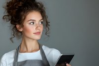 Young female chef or restaurant worker in gray apron and white t-shirt looking up thoughtfully while holding digital tablet against gray background.