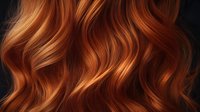 Luxurious copper red wavy hair texture with golden highlights on dark background, close up of flowing curls showing professional hair coloring and styling.