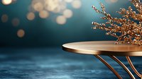 Modern wooden round table with decorative branch against blurred bokeh lights background for product display and interior design presentations.