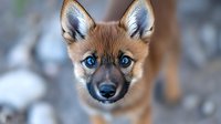 Adorable maned wolf pup with bright blue eyes and rusty brown fur looking directly at camera against blurred natural background.