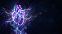 Glowing neon heart anatomy with electric energy waves and cosmic particles on dark space background for medical education and healthcare design concepts.
