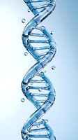 Crystal clear water DNA double helix structure with floating droplets on blue gradient background for genetics research and biotechnology concepts.