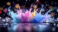 Vibrant colorful liquid crown splash with droplets on dark background. Dynamic water explosion in pink blue purple hues for creative design projects.