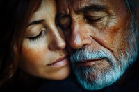 Intimate portrait of loving senior couple with closed eyes embracing tenderly, showing deep emotional connection and lifelong bond in warm lighting.