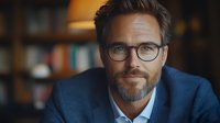 Professional middle-aged Caucasian man with beard and glasses wearing blue suit jacket smiles confidently in office setting with warm lighting and bookshelf background.