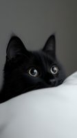 Close-up portrait of black cat with bright golden eyes peeking over white surface, creating mysterious and enchanting mood for pet photography and design projects.