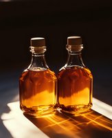 Two glass bottles filled with golden amber liquid casting warm shadows on wooden surface in dramatic lighting for gourmet cooking and beverage concepts.