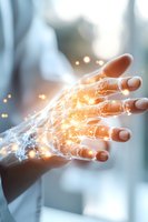 Glowing energy network surrounds female hand with light particles and neural connections against soft blurred background, representing digital transformation and AI technology.