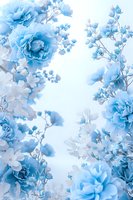 Delicate blue and white floral arrangement with roses and small blossoms creating romantic frame border on light background for wedding design and cards.