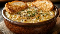 French onion soup with melted cheese and toasted bread in ceramic bowl on wooden table for restaurant menu and comfort food recipes.