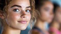 Young woman with natural freckles, glowing skin and blue eyes smiling gently. Soft focus portrait with blurred background shows genuine happiness and confidence.