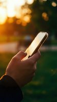 Hand holding smartphone outdoors at golden hour sunset, bokeh green park background, warm sunlight glowing on screen, mobile technology concept.