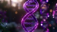 Glowing purple DNA helix structure with sparkles and bokeh effects floating in dark space, representing genetic science and biotechnology advancement.